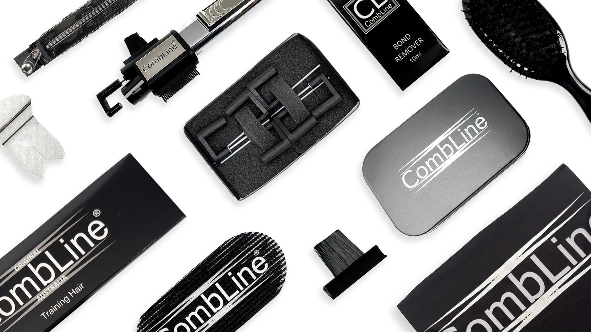 A collection of various hair products and accessories, including combs and styling tools for the CombLine Hair install tools.