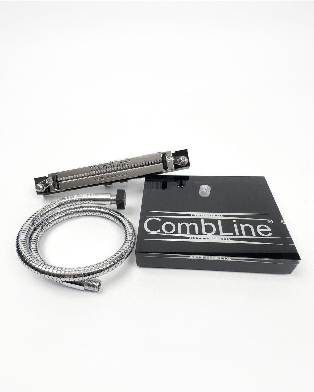 A CombLine hair stand featuring a hose and a box, designed for efficient hair styling and organization agaisnt a white background.