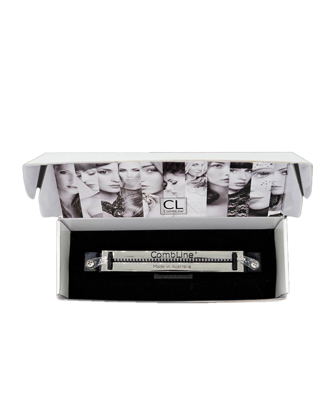 A CombLine hair extension tool in a presentation box featuring a black velvet lining.