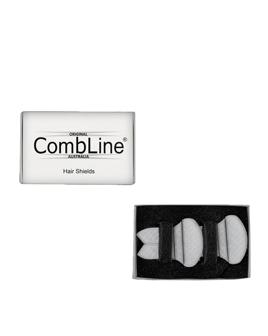 A white combline hair shield designed to protect hair during styling or treatments in a black box against a white background.