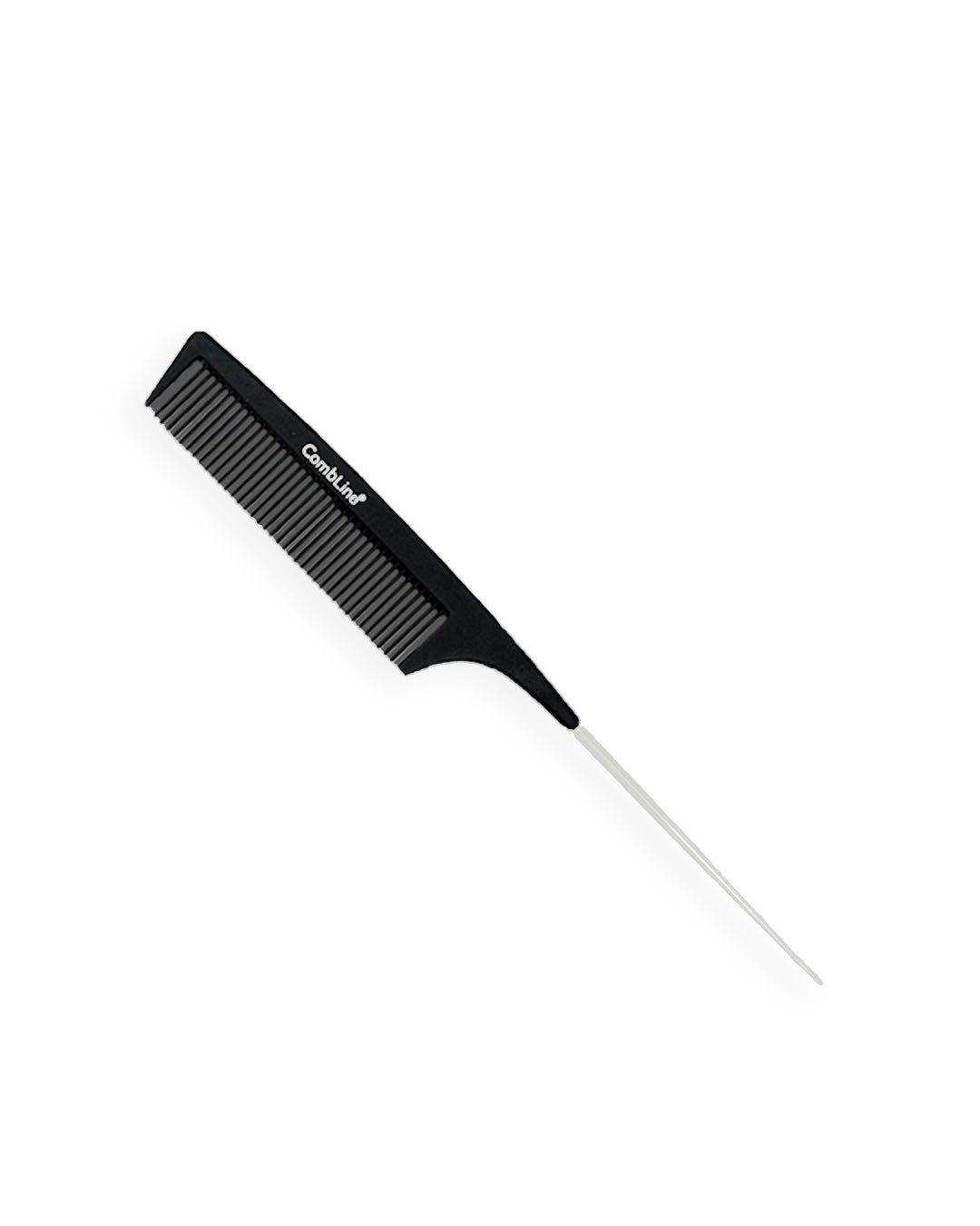 A tail black comb with a black handle resting on a white background.