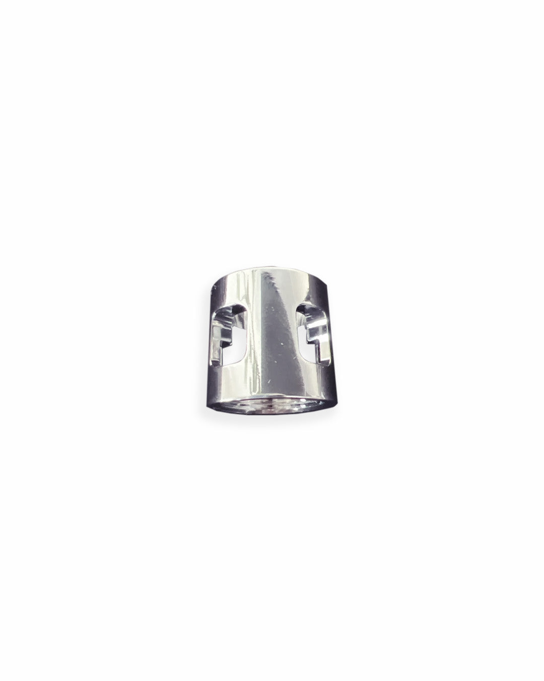 An applicator front nut in chrome metal with a hole against a white background.